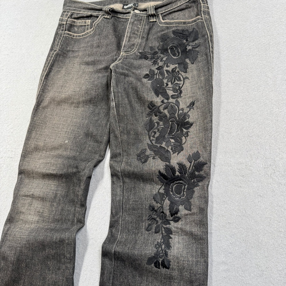 Y2K DKNY Jeans Womens 8 Black Flare Faded Floral Embroidered Slim Fit Streetwear